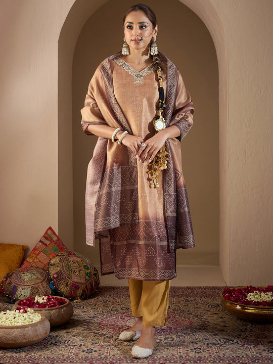 Indo Era Brown Embroidered Straight Kurta Trousers With Dupatta Set