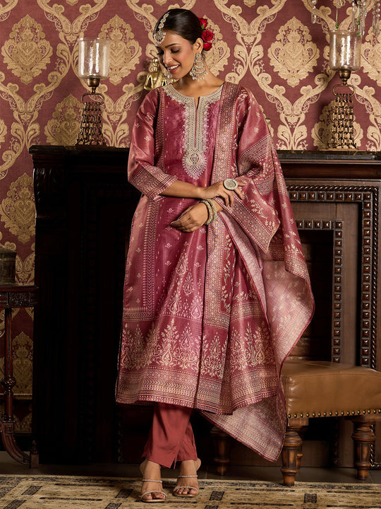 Indo Era Pink Embroidered Straight Kurta Trousers With Dupatta Set