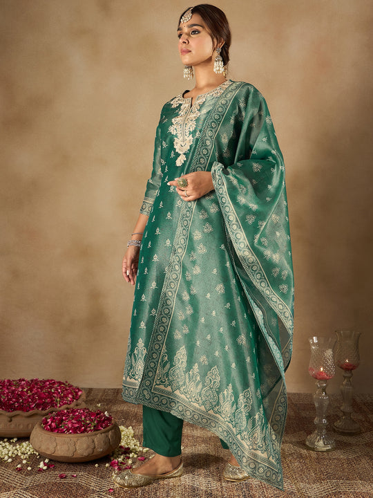 Indo Era Green Embroidered Straight Kurta Trousers With Dupatta Set