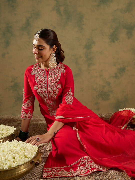 Indo Era Red Embroidered Straight Kurta Trousers With Dupatta set