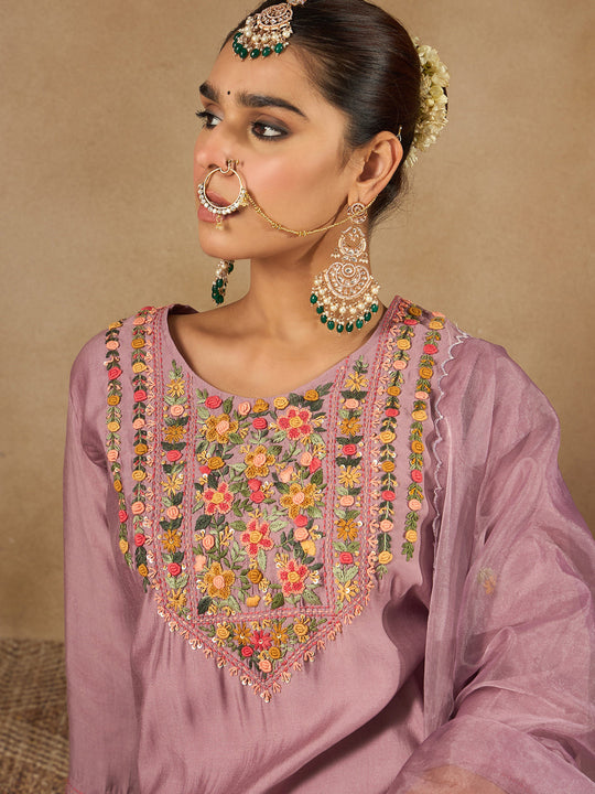 Indo Era Lavender Embroidered Straight Kurta Trousers With Dupatta Set