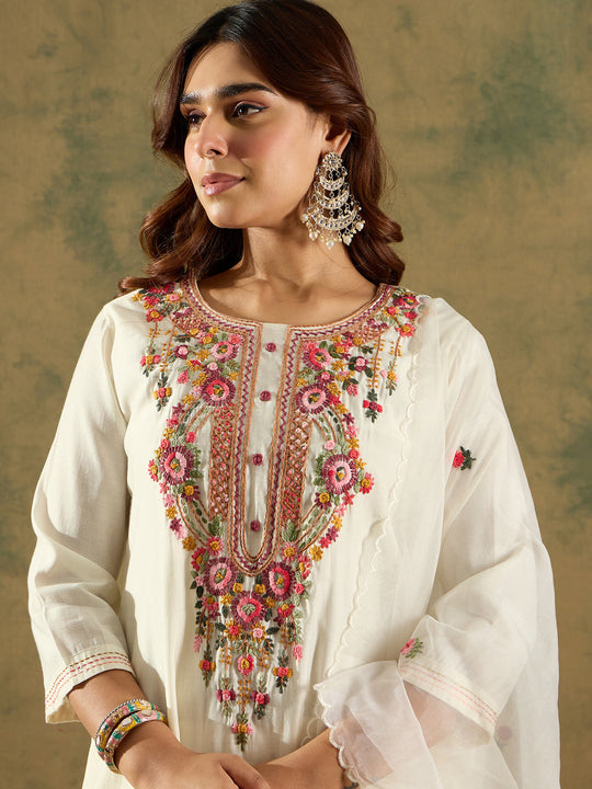 Indo Era White Embroidered Straight Kurta Trousers With Dupatta Set