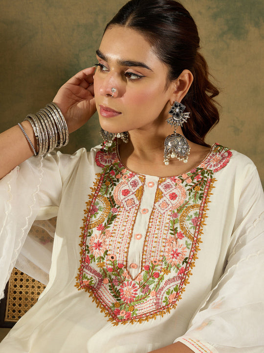 Indo Era White Embroidered Straight Kurta Trousers With Dupatta Set