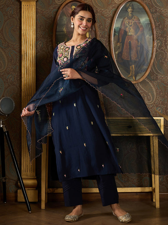 Indo Era Navy Blue Embroidered Straight Kurta Trousers With Dupatta Set