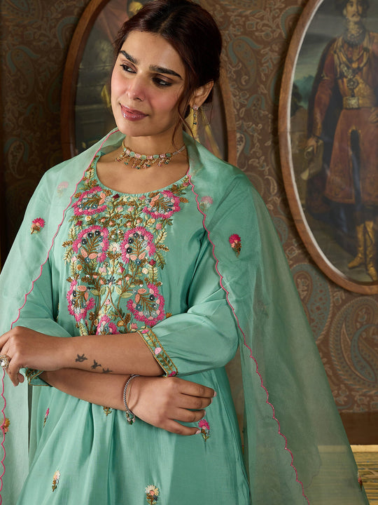 Indo Era Sea Green Embroidered Straight Kurta Trousers With Dupatta Set