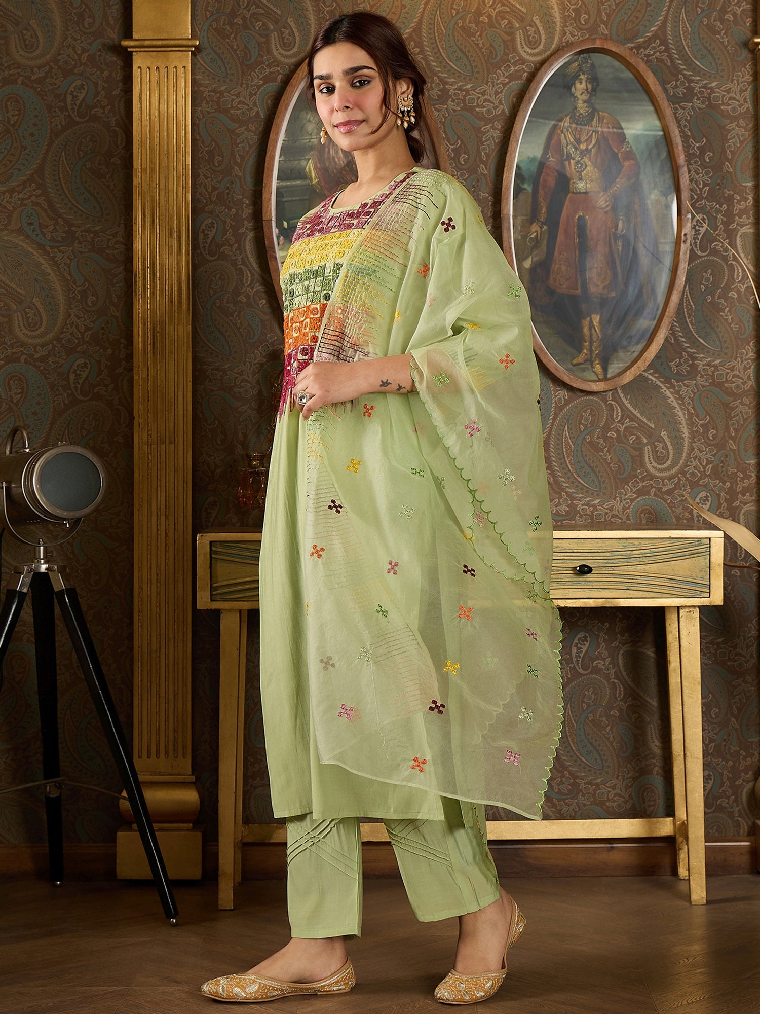 indo era, suit, kurta set for women, indo era kurta, kurta sets for ladies, summer dresses for women, 3 piece suit, cotton kurta set for women, new arrivals, women kurti plazo set, women in suit, kurta suit, floral kurta, short suit, spring summer, Green suit