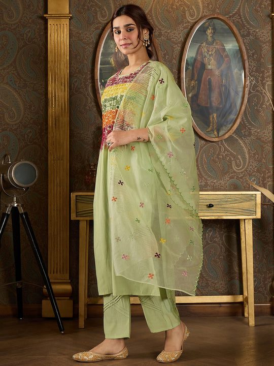 Indo Era Green Embroidered Straight Kurta Trousers With Dupatta Set