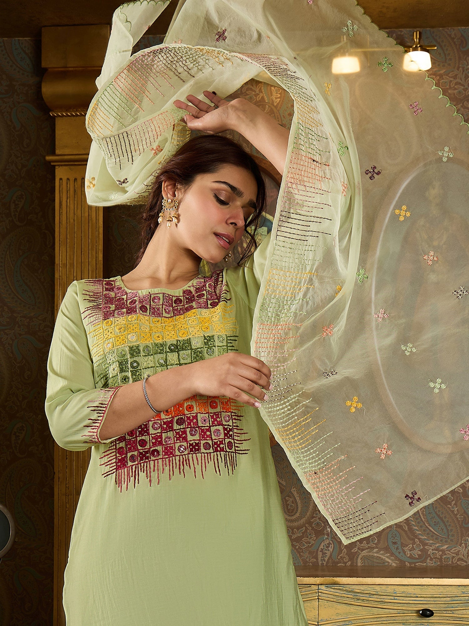 indo era, suit, kurta set for women, indo era kurta, kurta sets for ladies, summer dresses for women, 3 piece suit, cotton kurta set for women, new arrivals, women kurti plazo set, women in suit, kurta suit, floral kurta, short suit, spring summer, Green suit