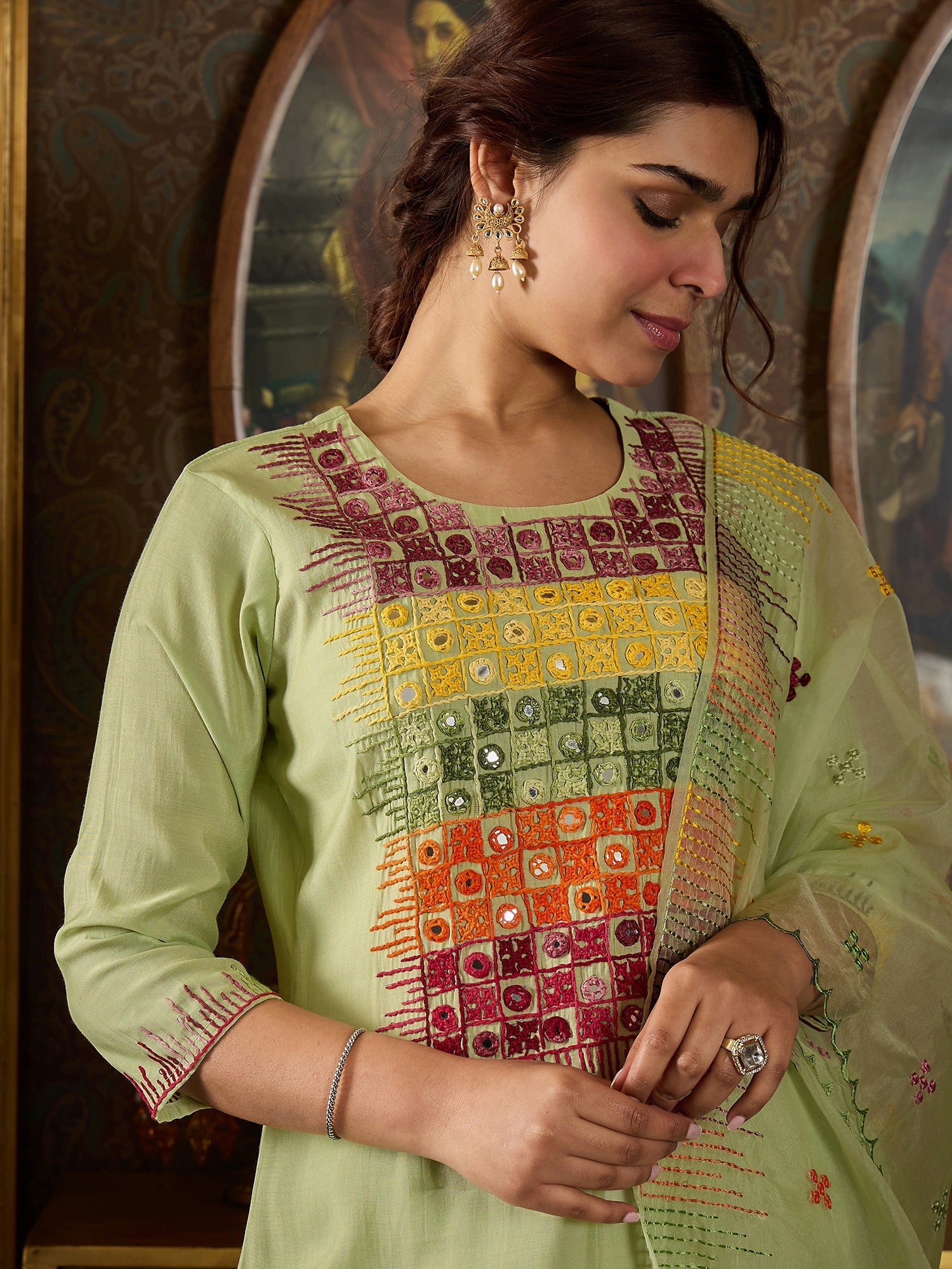 indo era, suit, kurta set for women, indo era kurta, kurta sets for ladies, summer dresses for women, 3 piece suit, cotton kurta set for women, new arrivals, women kurti plazo set, women in suit, kurta suit, floral kurta, short suit, spring summer, Green suit