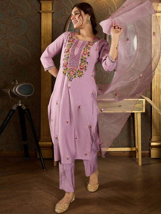 Indo Era Lavender Embroidered Straight Kurta Trousers With Dupatta Set