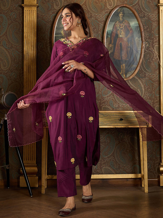 Indo Era Burgundy Embroidered Straight Kurta Trousers With Dupatta