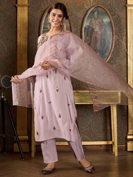 Indo Era Lavender Embroidered Straight Kurta Trousers With Dupatta Set