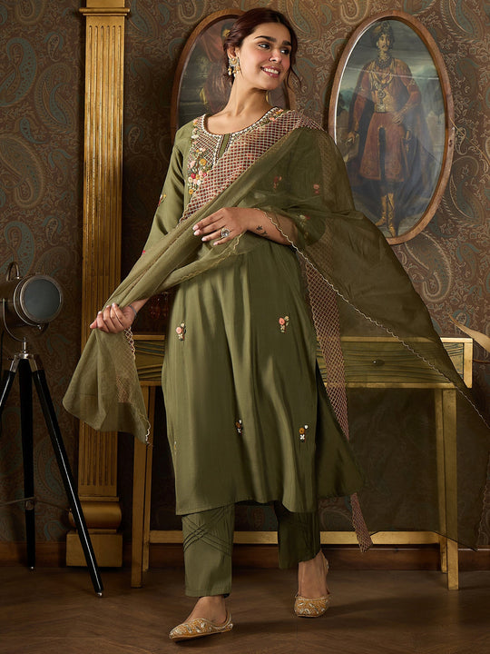 Indo Era Olive Embroidered Straight Kurta Trousers With Dupatta Set