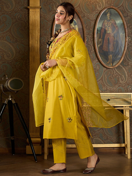 Indo Era Mustard Embroidered Straight Kurta Trousers With Dupatta Set