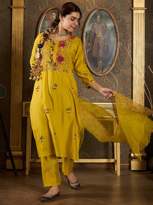 Indo Era Mustard Embroidered Straight Kurta Trousers With Dupatta Set