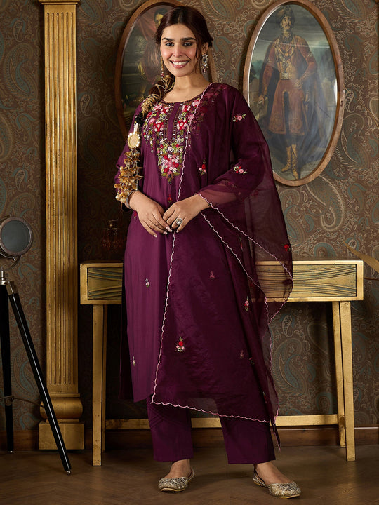 Indo Era Burgundy  Straight Kurta Trousers With Dupatta Set