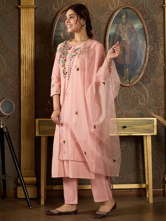 Indo Era Peach  Straight Kurta Trousers With Dupatta Set
