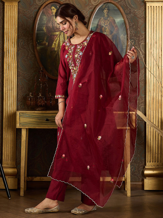 Indo Era Red  Straight Kurta Trousers With Dupatta Set