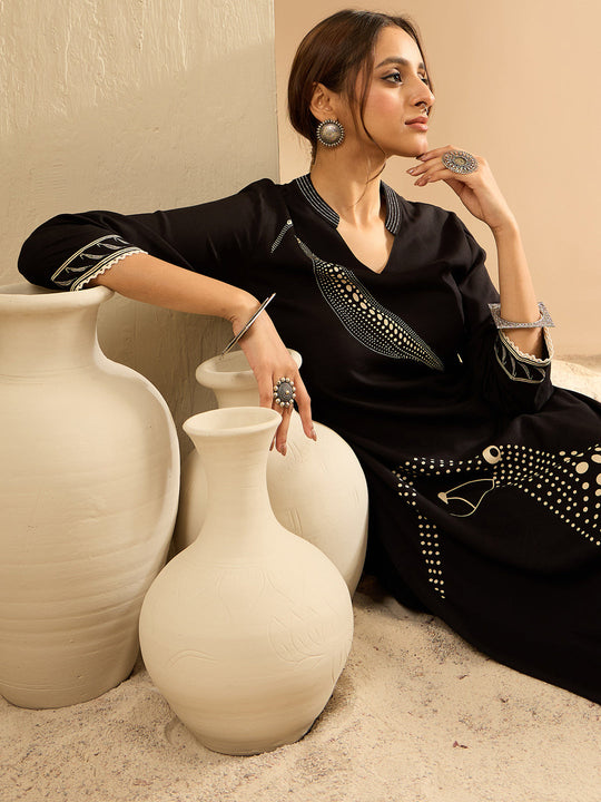 Indo Era Black Printed Straight Kurta Trousers set