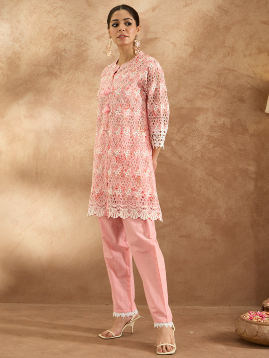 Indo Era Pink Embroidered A-Line Kurta Trousers set