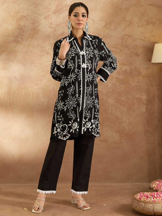 Indo Era Black Embroidered Straight Kurta Trousers set