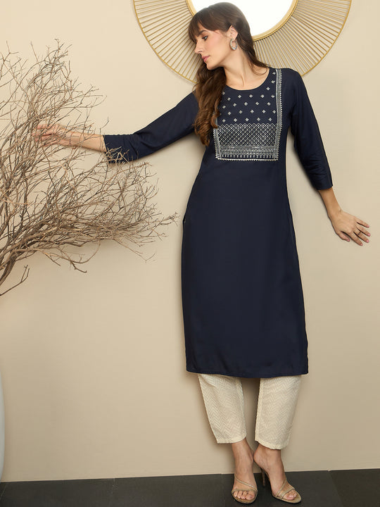 Indo Era Blue Ethnic Motifs Embroidered Sequinned Kurta