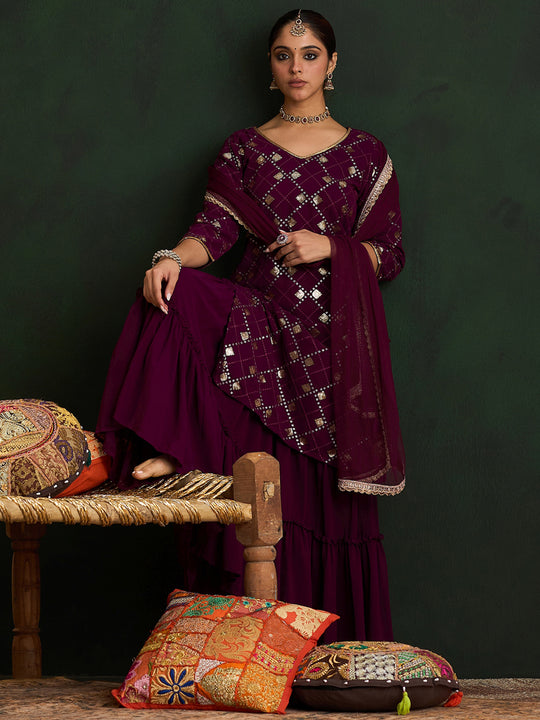 Indo Era Burgundy Embroidered Straight Kurta Sharara With Dupatta Set