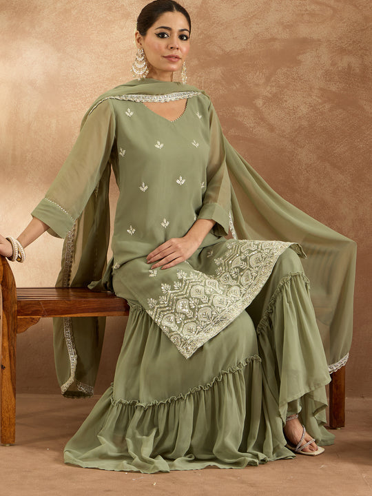 Indo Era Sea Green Embroidered Straight Kurta Sharara With Dupatta Set