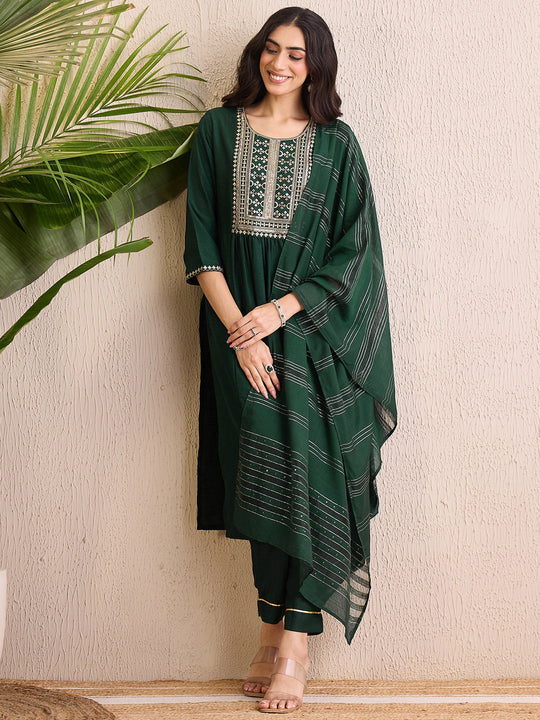 Indo Era Green Embroidered A-Line Kurta Trousers With Dupatta Set