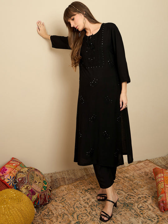 Indo Era Black Embroidered Straight Kurtas