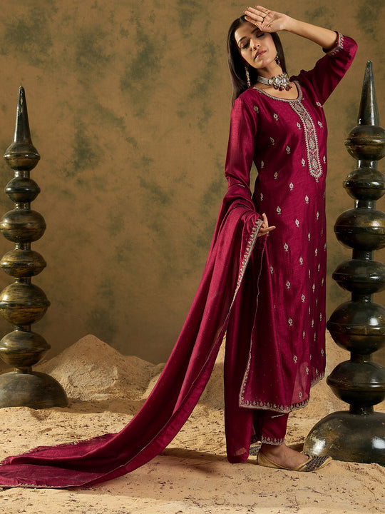 Indo Era Maroon Embroidered Straight Kurta Trousers With Dupatta Set