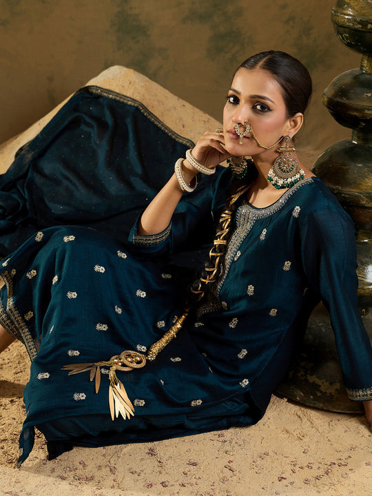 Indo Era Teal Embroidered Straight Kurta Trousers With Dupatta Set