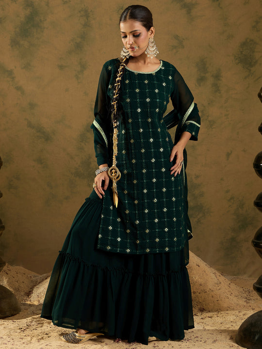 Indo Era Green Embroidered Straight Kurta Sharara With Dupatta Set