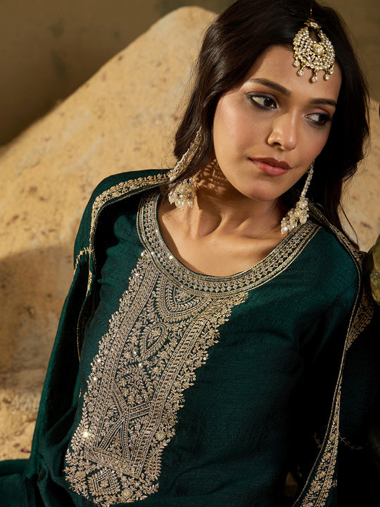 Indo Era Teal Embroidered Straight Kurta Trousers With Dupatta Set