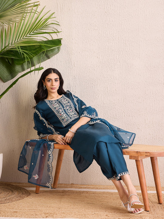 Indo Era Teal Embroidered Straight Kurta Trousers With Dupatta set