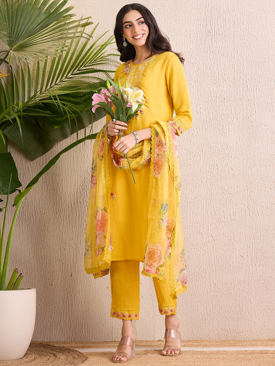 Indo Era Yellow Embroidered Straight Kurta Trousers With Dupatta set