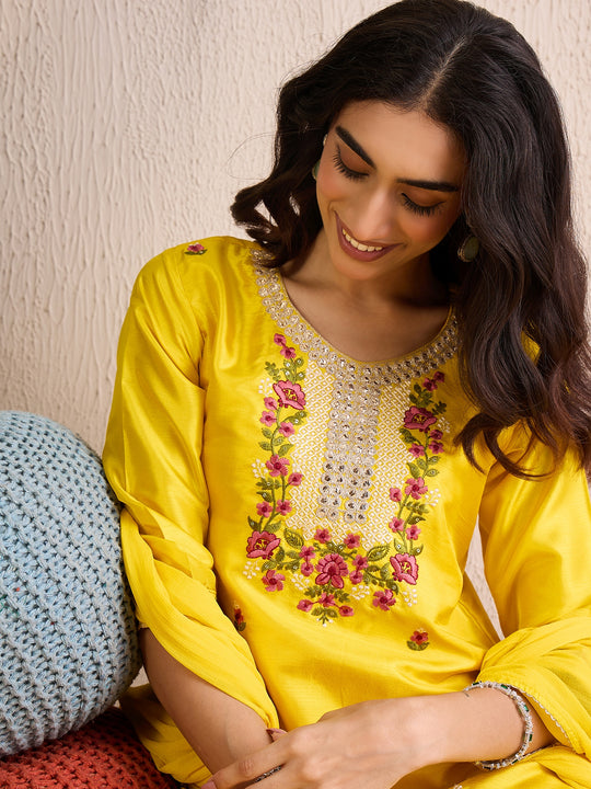 Indo Era Yellow Embroidered Straight Kurta Trousers With Dupatta Set