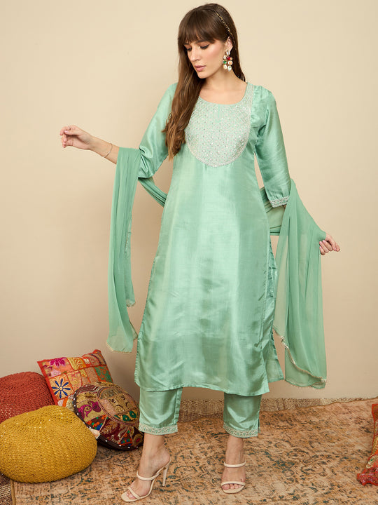 Indo Era Green Embroidered Straight Kurta Trousers With Dupatta Set