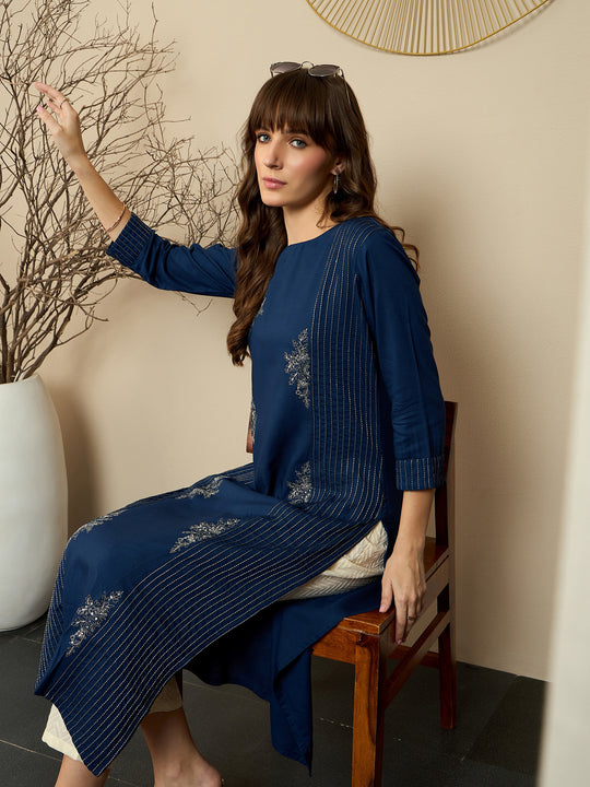 Indo Era Navy Blue Embroidered Straight Kurtas