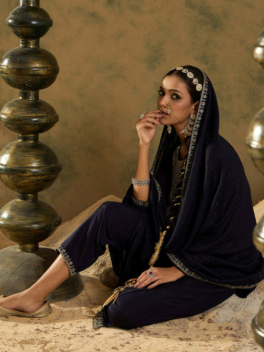 Indo Era Navy Blue Embroidered Straight Kurta Trousers With Dupatta set