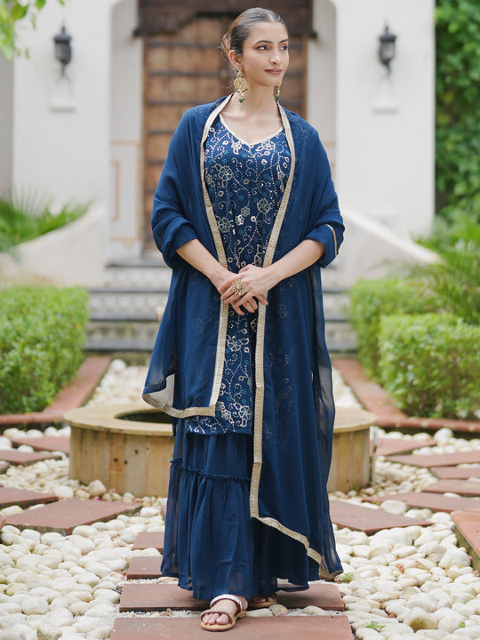 Indo Era Teal Embroidered Straight Kurta Sharara With Dupatta set
