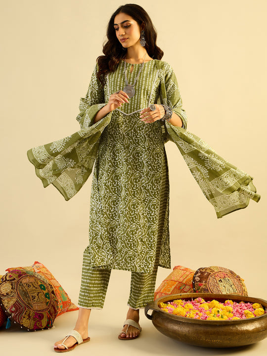 Indo Era Green Printed Straight Kurta Trousers With Dupatta set