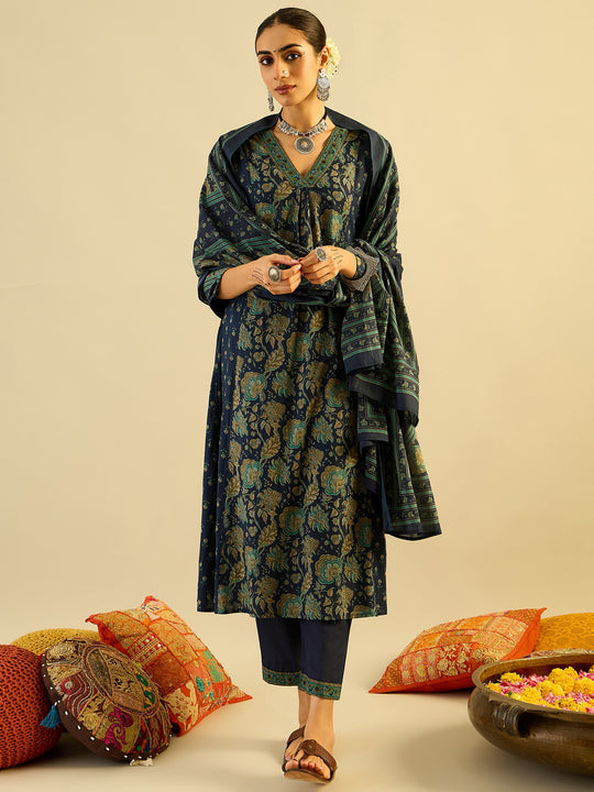Indo Era Blue Printed A-Line Kurta Trousers With Dupatta set