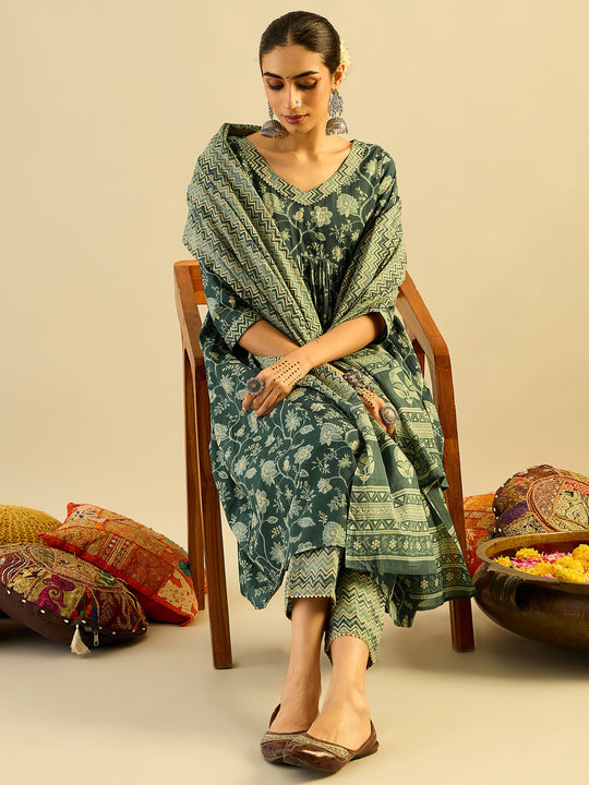 Indo Era Green Printed A-Line Kurta Trousers With Dupatta set