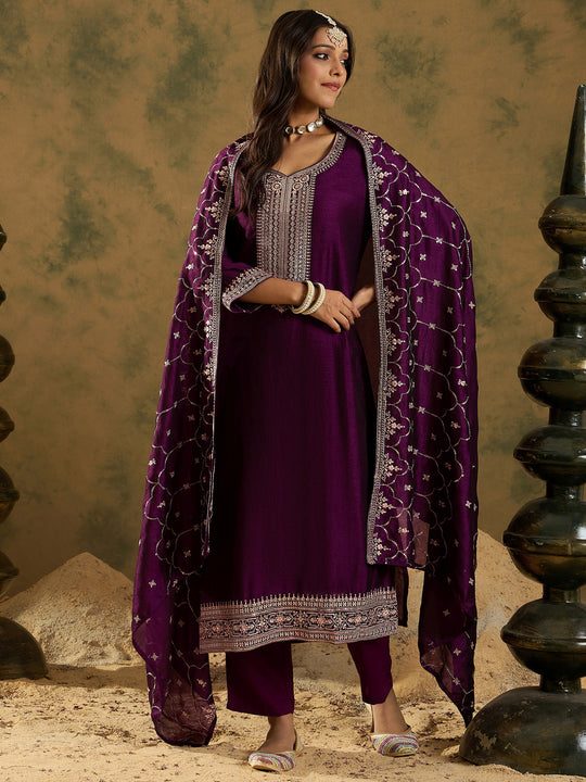Indo Era Purple Embroidered Straight Kurta Trousers With Dupatta set