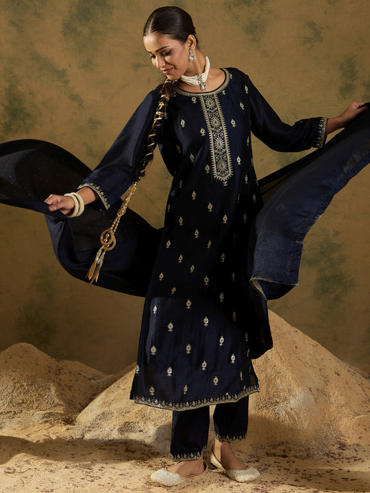Indo Era Navy Blue Embroidered Straight Kurta Trousers With Dupatta set