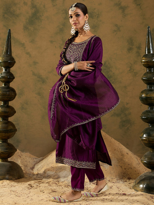 Indo Era Purple Embroidered Straight Kurta Trousers With Dupatta set