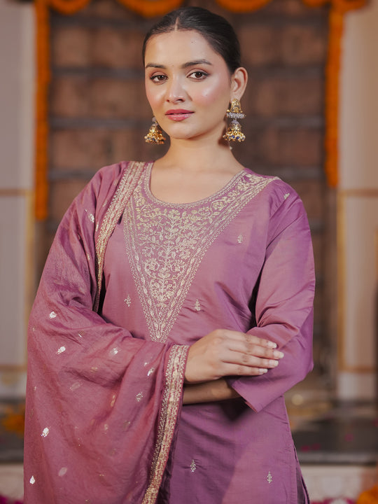 Indo Era Mauve Embroidered Straight Kurta Trousers With Dupatta set
