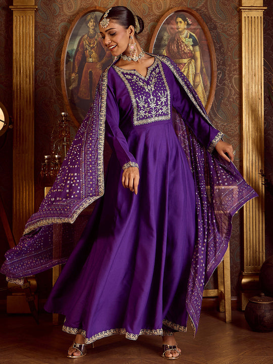 Indo Era Purple Embroidered Anarkali Kurta Trousers With Dupatta set