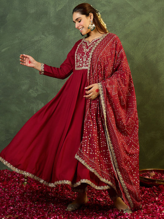 Indo Era Maroon Embroidered Anarkali Kurta Trousers With Dupatta set